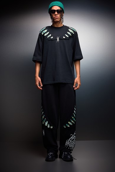 Erkek Siyah Spine Efektli Baskılı Baggy Eşofman