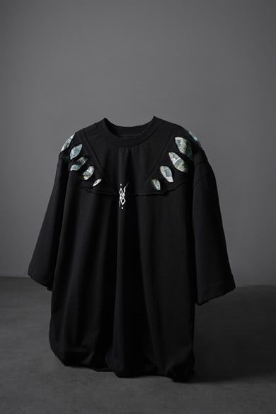 Erkek Siyah Spine Efektli Baskılı Oversize Tshirt