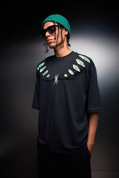 Erkek Siyah Spine Efektli Baskılı Oversize Tshirt