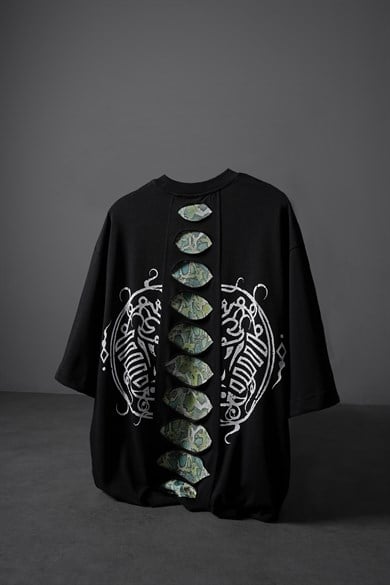 Erkek Siyah Spine Efektli Baskılı Oversize Tshirt