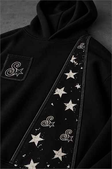 Erkek Siyah SStar Kot Biye Oversize Hoodie