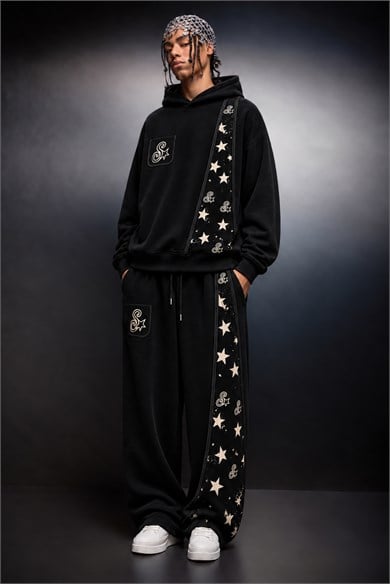Erkek Siyah SStar Kot Biye Oversize Hoodie