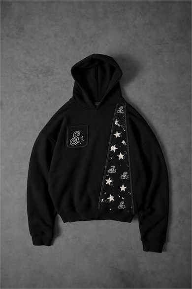 Erkek Siyah SStar Kot Biye Oversize Hoodie