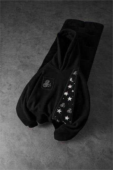 Erkek Siyah SStar Kot Biye Oversize Hoodie