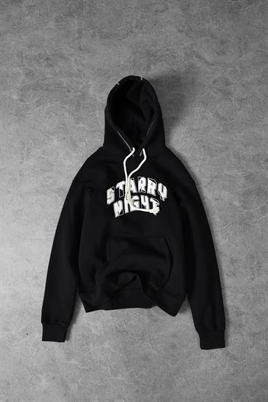 Erkek Siyah Starry Night Nakışlı Kapüşonlu Oversize Sweatshirt