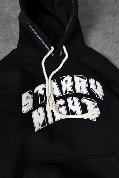 Erkek Siyah Starry Night Nakışlı Kapüşonlu Oversize Sweatshirt