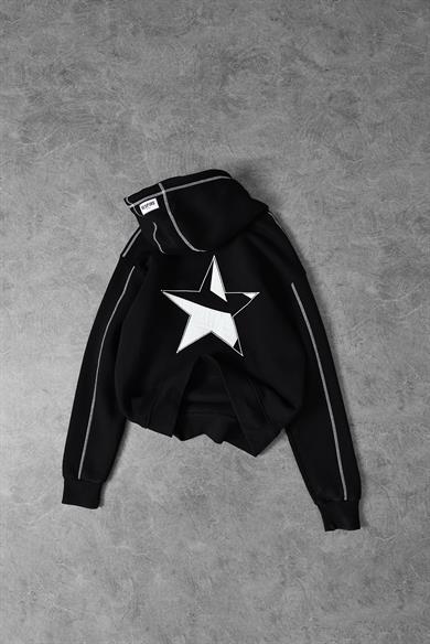 Erkek Siyah Starry Night Nakışlı Kapüşonlu Oversize Sweatshirt