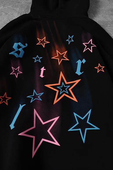Erkek Siyah Stars Kabartma Baskı Kapüşonlu Oversize Sweatshirt