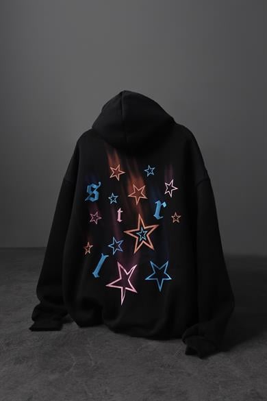 Erkek Siyah Stars Kabartma Baskı Kapüşonlu Oversize Sweatshirt