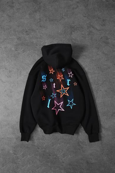 Erkek Siyah Stars Kabartma Baskı Kapüşonlu Oversize Sweatshirt