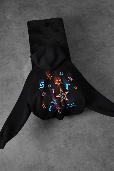 Erkek Siyah Stars Kabartma Baskı Kapüşonlu Oversize Sweatshirt