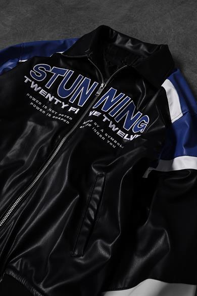 Erkek Siyah Stunning Nakışlı Racing Biker Astarlı Deri Ceket