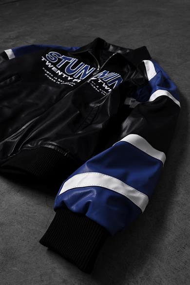 Erkek Siyah Stunning Nakışlı Racing Biker Astarlı Deri Ceket