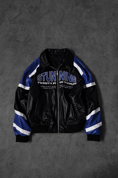 Erkek Siyah Stunning Nakışlı Racing Biker Astarlı Deri Ceket