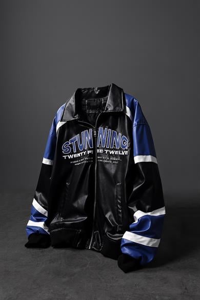 Erkek Siyah Stunning Nakışlı Racing Biker Astarlı Deri Ceket