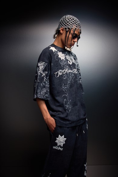 Erkek Siyah SuperStar Baskılı Oversize Yıkama Efektli Tshirt