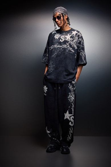 Erkek Siyah SuperStar Baskılı Oversize Yıkama Efektli Tshirt