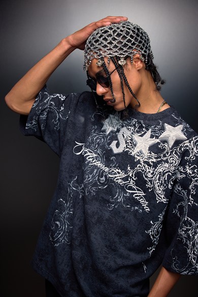 Erkek Siyah SuperStar Baskılı Oversize Yıkama Efektli Tshirt