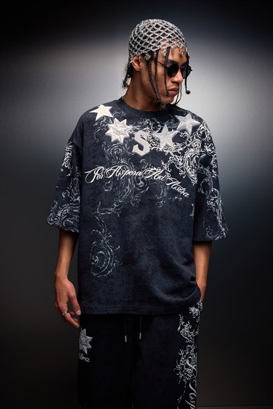 Erkek Siyah SuperStar Baskılı Oversize Yıkama Efektli Tshirt