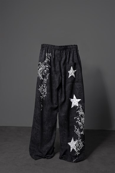 Erkek Siyah SuperStar Baskılı Yıkama Efektli Baggy Eşofman