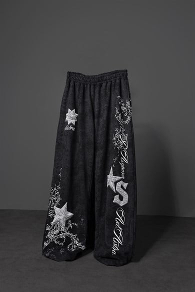 Erkek Siyah SuperStar Baskılı Yıkama Efektli Baggy Eşofman