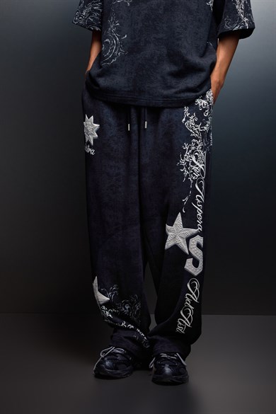 Erkek Siyah SuperStar Baskılı Yıkama Efektli Baggy Eşofman