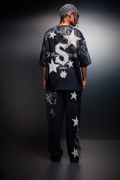 Erkek Siyah SuperStar Baskılı Yıkama Efektli Baggy Eşofman