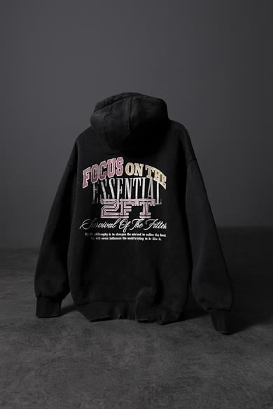 Erkek Siyah Survival Yıkamalı Baskılı Oversize Kapüşonlu Sweatshirt