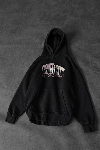 Erkek Siyah Survival Yıkamalı Baskılı Oversize Kapüşonlu Sweatshirt