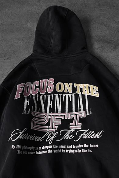 Erkek Siyah Survival Yıkamalı Baskılı Oversize Kapüşonlu Sweatshirt