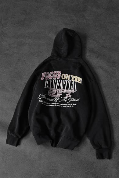 Erkek Siyah Survival Yıkamalı Baskılı Oversize Kapüşonlu Sweatshirt