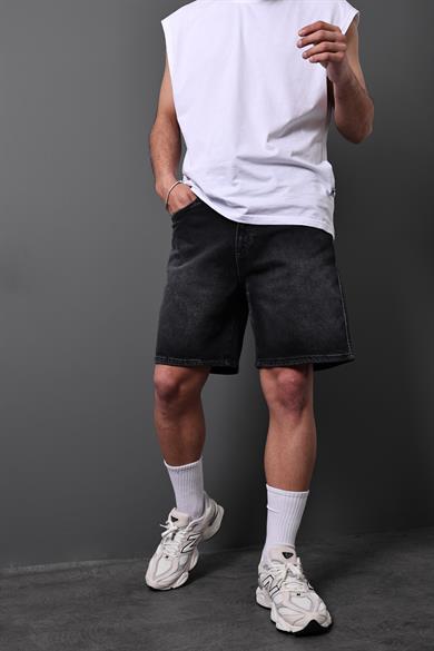 Erkek Siyah Taşlı Diz Üstü Denim Şort