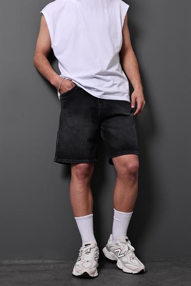 Erkek Siyah Taşlı Diz Üstü Denim Şort