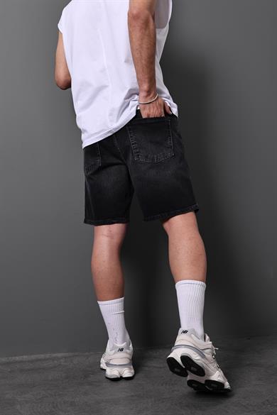 Erkek Siyah Taşlı Diz Üstü Denim Şort