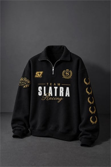 Erkek Siyah Team Racing Oversize Half Zip Sweatshirt