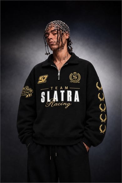 Erkek Siyah Team Racing Oversize Half Zip Sweatshirt