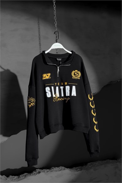 Erkek Siyah Team Racing Oversize Half Zip Sweatshirt