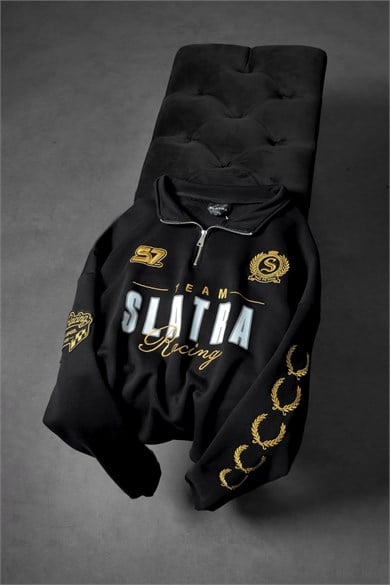 Erkek Siyah Team Racing Oversize Half Zip Sweatshirt