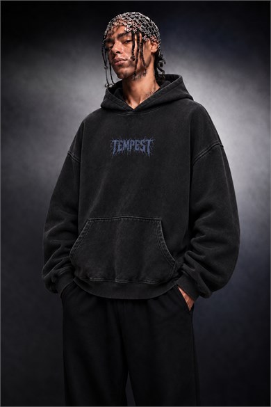Erkek Siyah Tempest Özel Yıkamalı Oversize Hoodie