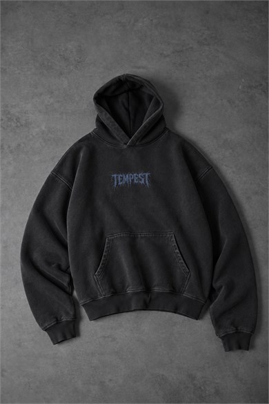 Erkek Siyah Tempest Özel Yıkamalı Oversize Hoodie