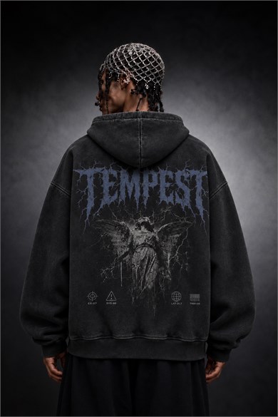 Erkek Siyah Tempest Özel Yıkamalı Oversize Hoodie