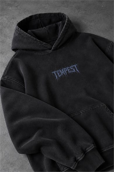 Erkek Siyah Tempest Özel Yıkamalı Oversize Hoodie