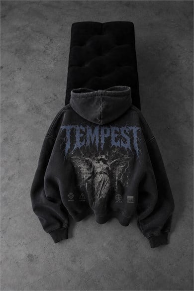 Erkek Siyah Tempest Özel Yıkamalı Oversize Hoodie