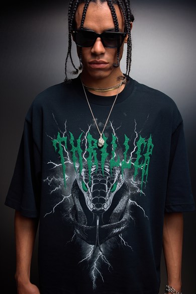 Erkek Siyah Thriller Kabartma Baskılı Box Fit Tshirt
