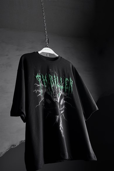 Erkek Siyah Thriller Kabartma Baskılı Box Fit Tshirt