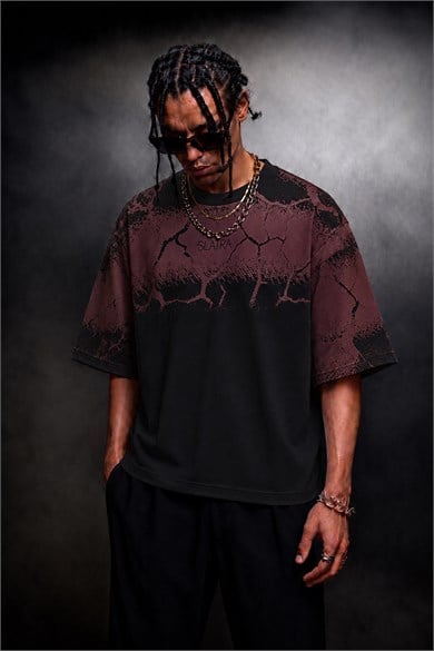 Erkek Siyah Thunder Kabartma Baskı Oversize Tshirt