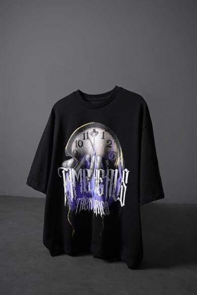 Erkek Siyah Time Heals Baskılı Oversize Tshirt