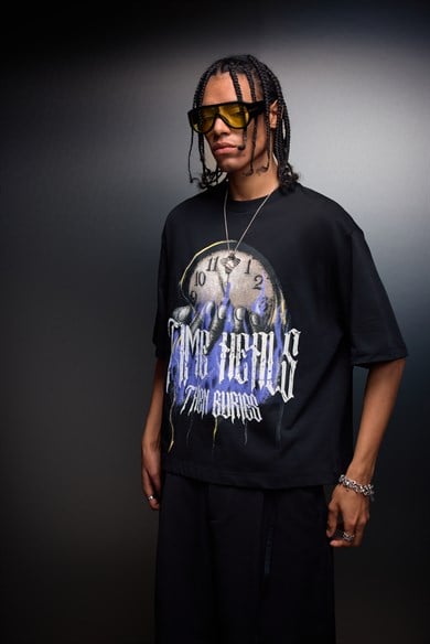 Erkek Siyah Time Heals Baskılı Oversize Tshirt