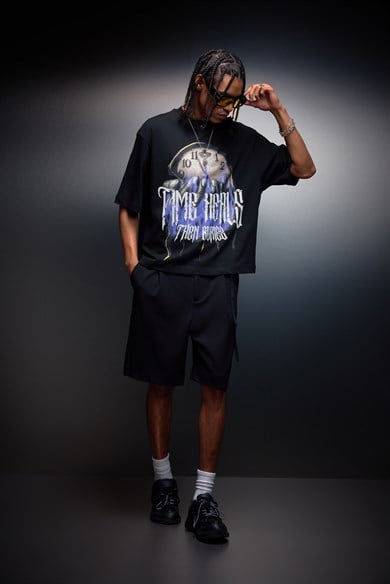 Erkek Siyah Time Heals Baskılı Oversize Tshirt