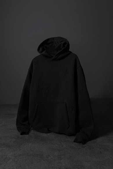 Erkek Siyah Tona Ton Nakışlı Oversize Kapüşonlu Sweatshirt